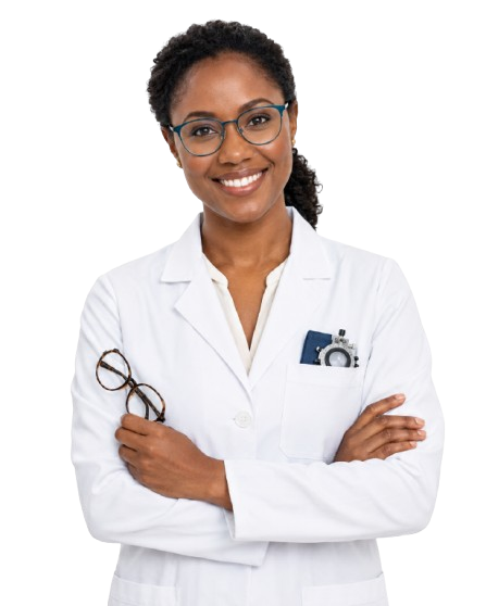 Optometrista da NOA Ópticas com óculos, segurando uma armação